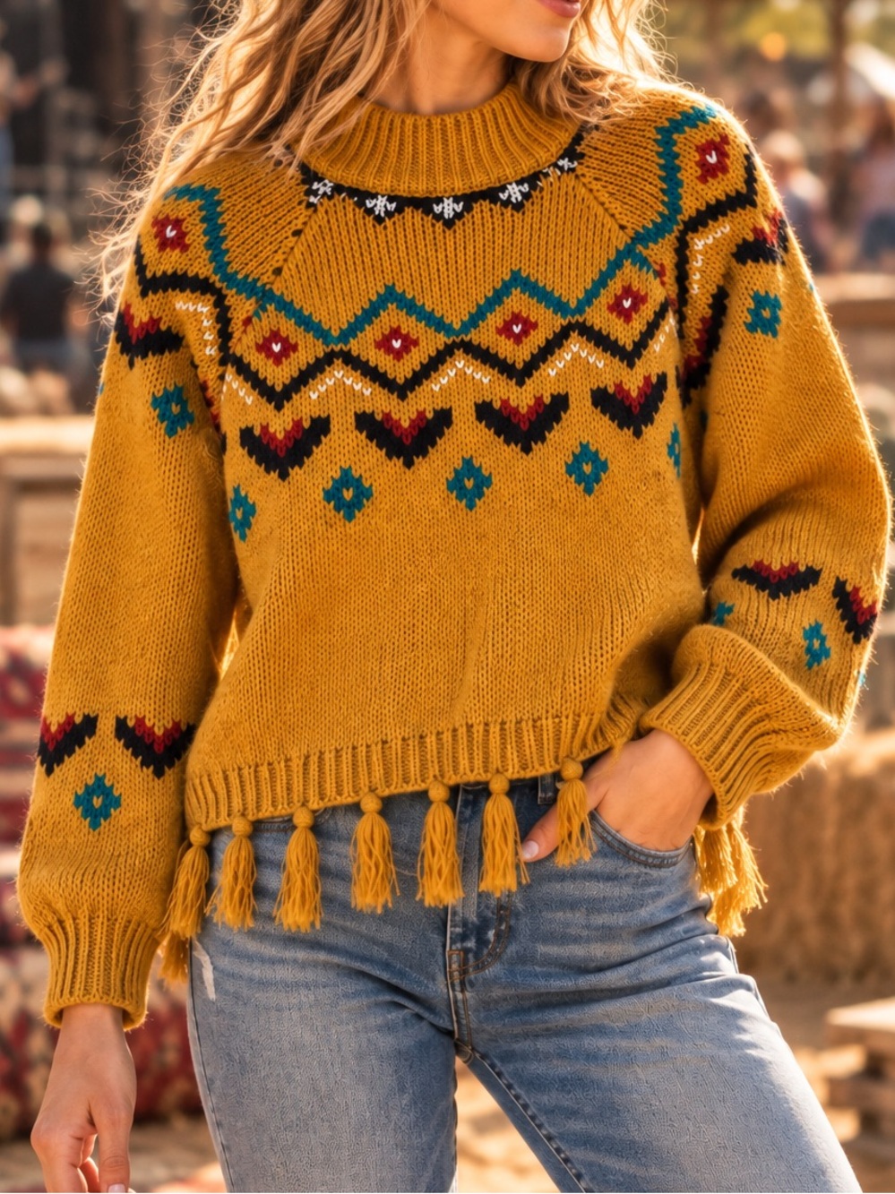 Western Boho Tassel Fringe Sweater M Wrangler Yellow Gold Southwestern Festival